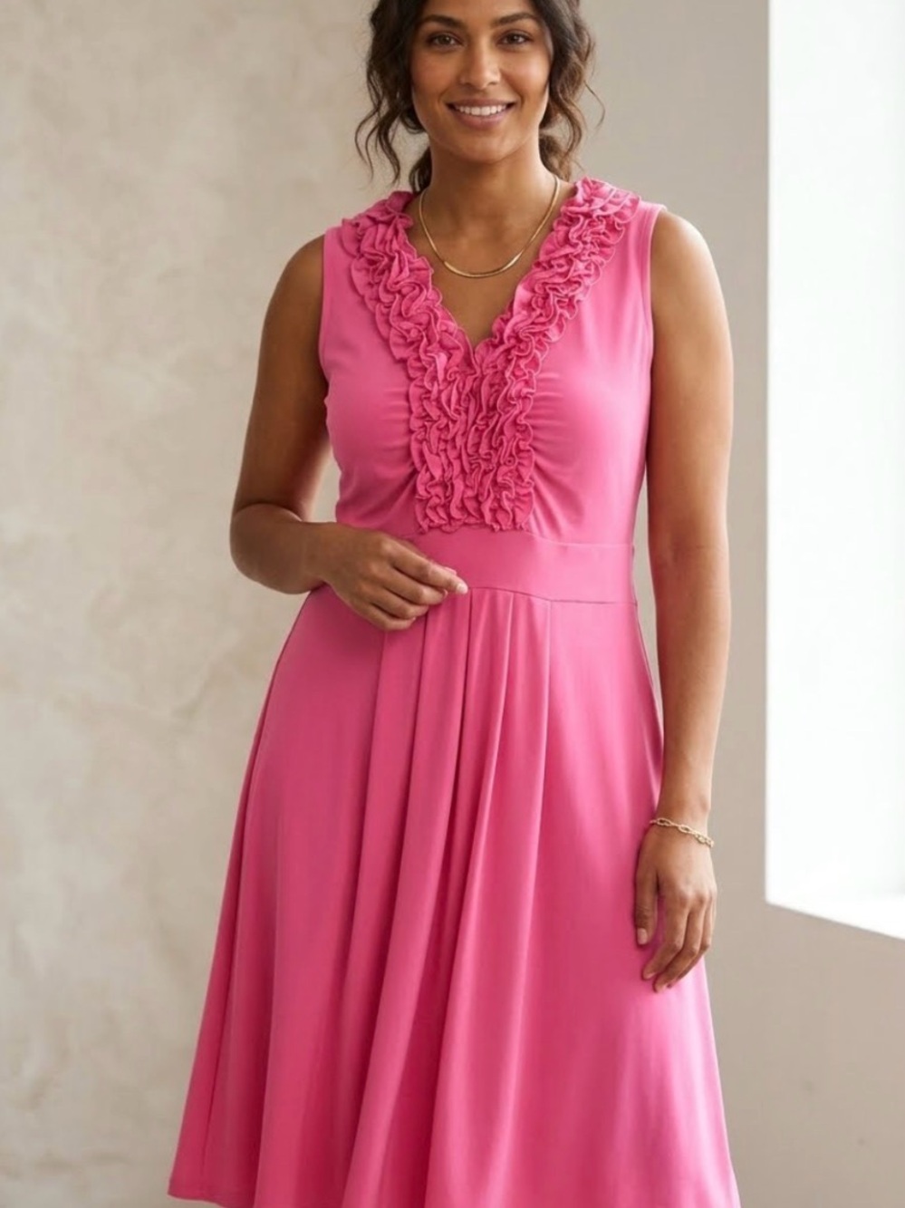 Sleeveless Ruffle V-Neck Pink Ladies Dress NWOT PTP 21’ L 39.5
